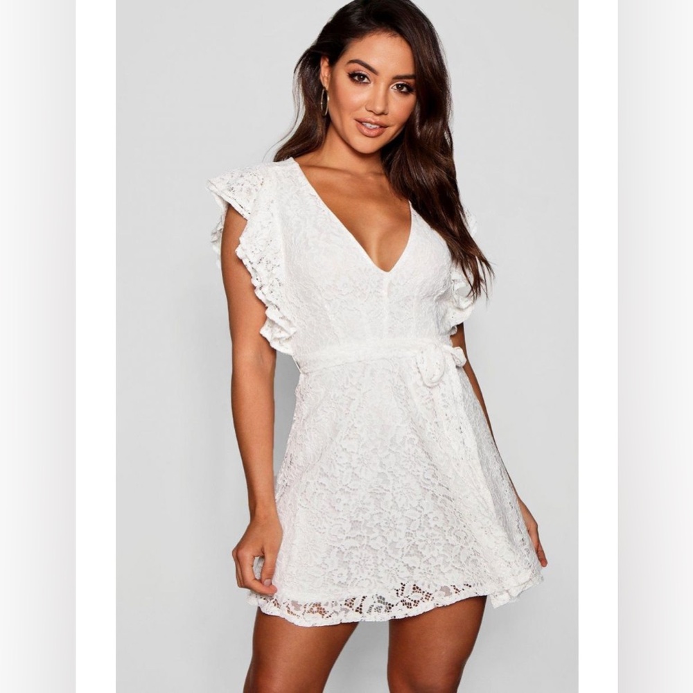 BOOHOO lace ruffle sleeve skater dress